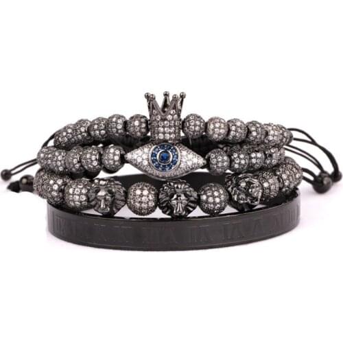 Drop Shipping Luxury Men Bracelet Set CZ Micro Pave Ball Crown Eye Lion Charms Stainless Steel Beads Bangle Bracelet Men Jewelry