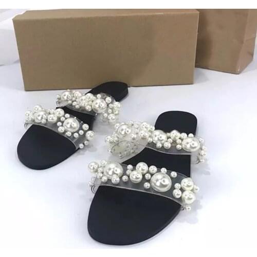 Slippers Women Summer Luxury Brand 2021 New Sexy Square Toe Fashion Pearl Flat Sandals Woman Shoes Plus Size 41 Chaussure Femme