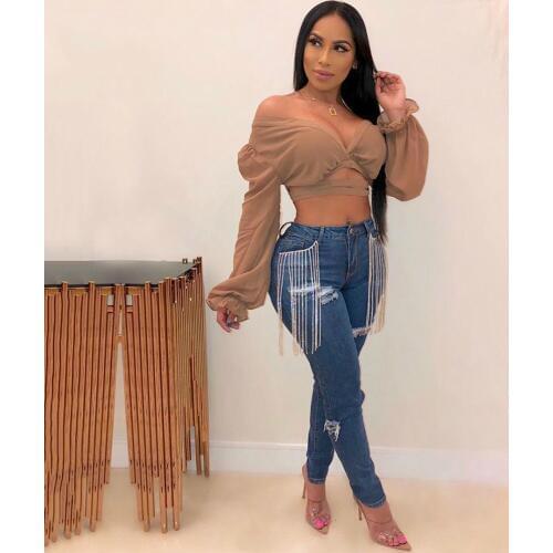 Blue Sexy Skinny Denim Jeans Womens With Tassel Holes 2020 High Waist Pencil Pants Bottoms Wash Distressed Jean Trousers