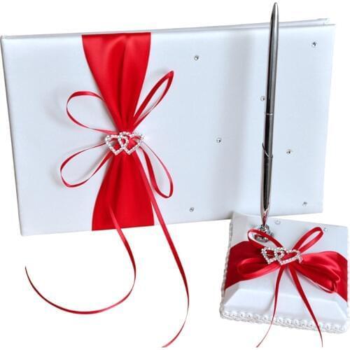 Wedding Guest Book With Pen Holder Sets Satin Bows Signature Book With Diamonds Love Shape For Party Decorations-Red+White