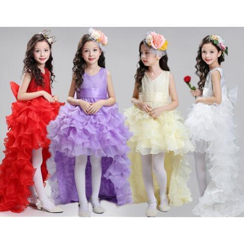 3-12T flower girl Trailing wedding dresses Girl high quality Tutu Mermaid dress V-neck big bow Princess long dress free shipping