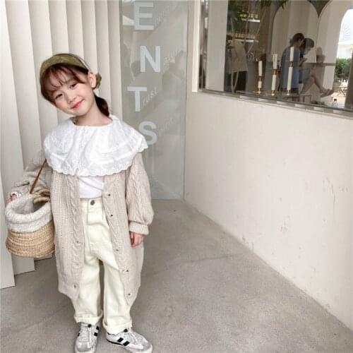Girls Sweater Vest Babys Coat Outwear 2021 Long Beige Thicken Warm Spring Autumn Buttons Cardigan Jacket Knitting Childrens Cl