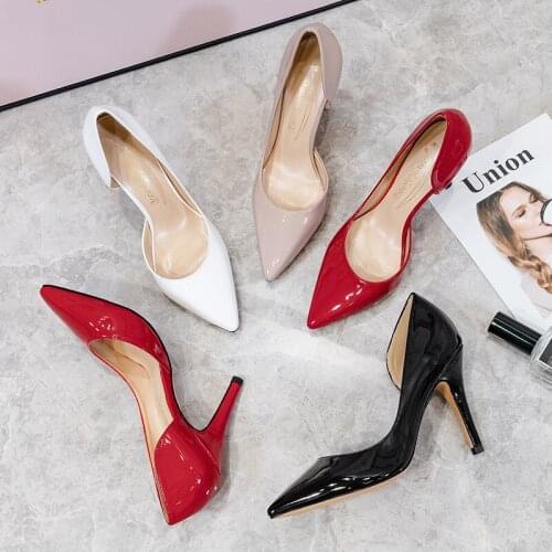 2020 New Arrival Summer Red Black Patent Leather Thin Heel Pointed Toe Shoes Woman Dress High Heels Pumps Female Shallow