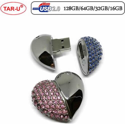 Crystal metal diamond love heart shape USB Flash Drives hearts with chain pendrive 4GB 8GB 16GB 32GB 64GB necklace memory stick