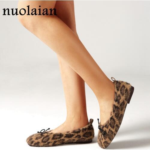 Women Faux Fur Leopard Flat Shoes Casual Spring Shoes Summer Shoe Woman Party Sandals Horsehair Flats Slip On Big Size Shoes