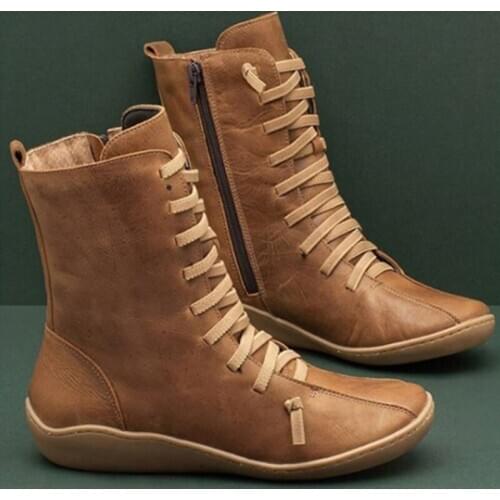 Female Autumn Soft PU Leather Boots Ridding Flat Shoe Martin Boots Comfortable Fashion Women Casual Zip Bandage Mid-Calf