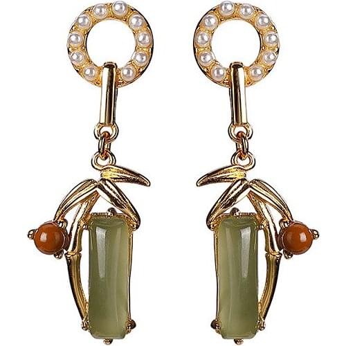 925 sterling silver gold-plated pearl Hetian gray jade stud earrings vintage bamboo leaf bamboo joint womens silver earrings