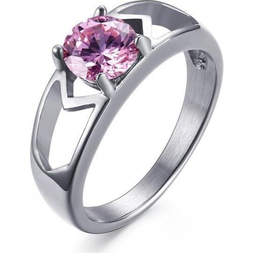 Pink Prong Set Single Zircon Titanium Steel Ring Womens Wedding Engagement Proposal Jewelry