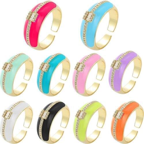 New Color Copper Dripping Oil Personality Open Ring Simple Geometric Micro Pave Zircon Ring For Women 2021 Trend Jewelry Fashion