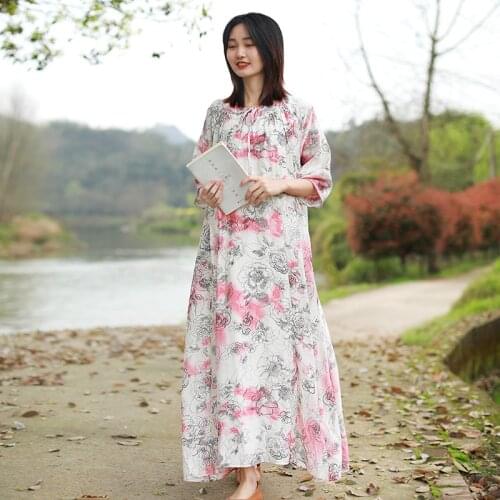 LZJN Women Summer Waisted Printed Dress Lacing Round Neck Lazy Style Loose Fitting Long Vestidos Robe Longues Ete