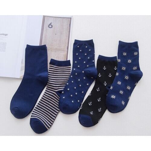 3 Pairs Men Navy Socks Business Socks Stripe Anchor Star Snow Male Autumn Winter Crew Socks Comfortable Cotton Casual Socks