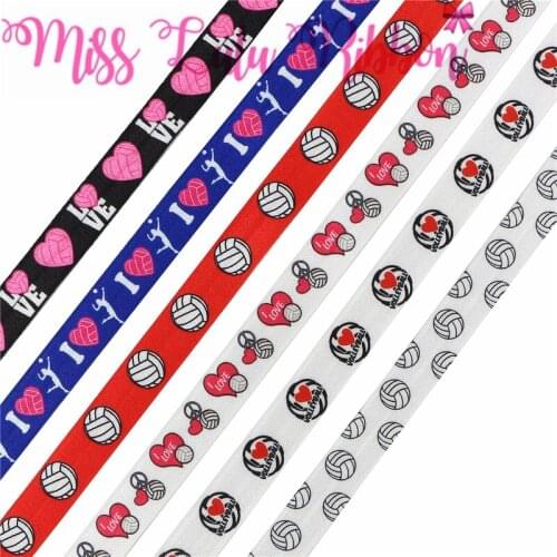 5/8"16mm Sports Lover Series Love Volleyball Printed Fold Over Elastic Ribbon Red Heart DIY Hair Bowknots 50yards/roll