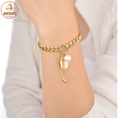 Akizoom Fashion Maria Pearl Cuban Chain OT Buckle Bracelets Adjustable Stainless Steel Wristband Jewelry for Women Party Gift