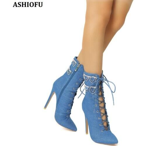 ASHIOFU Handmade New Ladies High Heel Boots Denim Leather Pointy Autumn Ankle Boots Party Prom Fashion Dress Evening Short Boots