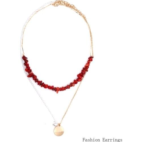 ZA Style Women Necklace Bohemia Retro Double Pieces Stone Pearl Metal Pendant Clavicle Chain High Quality Neck Chain Jewelry