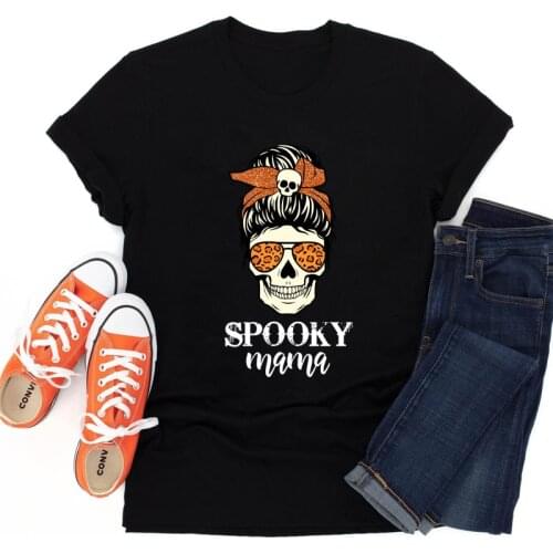 Colored Spooky Mama 100% Cotton T-shirt Funny Women Halloween Party Tee Shirt Top Gothic Skull Mom Life Tshirt