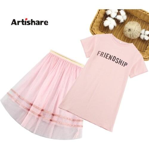 Kids Clothes Girls Letter Tshirt + Mesh Skirt Clothing For Girls Mesh Clothes For Teenage Girls Summer Costumes For Children