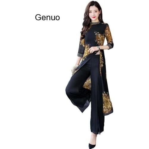 Elegant Lady Two Piece Set 2020 Summer Print Top + Wide Leg Pants Trousers Plus Size Fashion Suit For Women M-4XL Outfit New