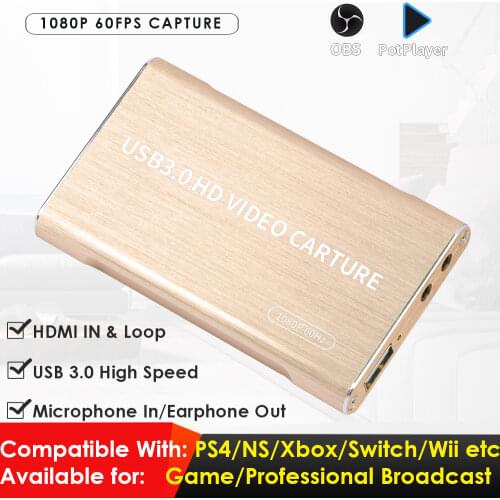 1080P HDMI to USB3.0 Video Capture Card W/HDMI Loopout Compatible with PS4, Nintendo Switch, Xbox One etc. for Game Broadcasting