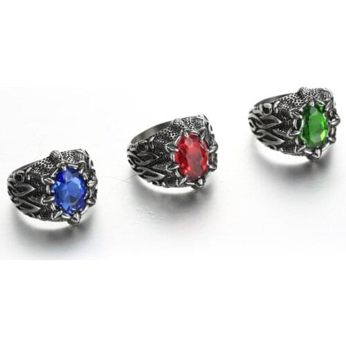 Classic Vintage Dragon Claw Crystal Ring Fashion Domineering Mens Red Blue Green Color Gem Ring Trend Men Hip Hop Party Jewelry
