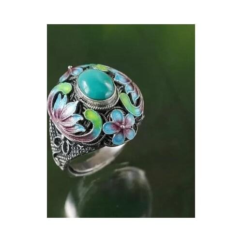 Fashion Woman Ring Elegant Retro Carved Blue Flower Natural Turquoise Jewelry Wedding Engagement Party Ring Gift Size 5-11