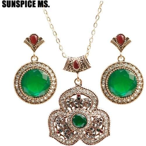 Vintage Green Flower Jewelry Sets Austrian Crystal Ancient Bronze Bijoux Turkey Ethnic Wedding Big Round Resin Earrings Necklace