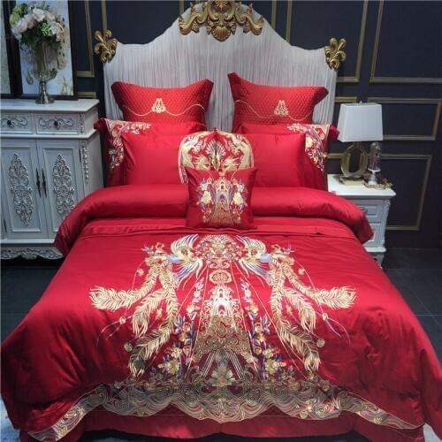 4Pcs Red wedding embroidery Bedding set King Queen Size Royal Palace Bed Set Duvet Cover Bed Sheet Pillowcases