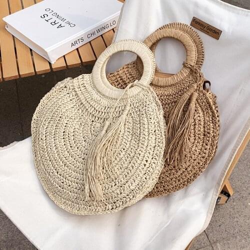 Fashion Woven Straw Beach Handbags Purse for Women 2021 New Brand Designer Round Summer Big Capacity Casual Totes High Quality
