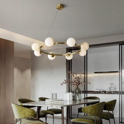 Marble copper chandelier modern minimalist living room dining room lamp villa bedroom study round marble lamp