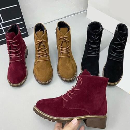 Autumn Ladies Boots Lace Up Ladies Thick Ankle Boots Plus Size Ladies Pumps Female 3.5cm High Heel Platform Rubber Shoes