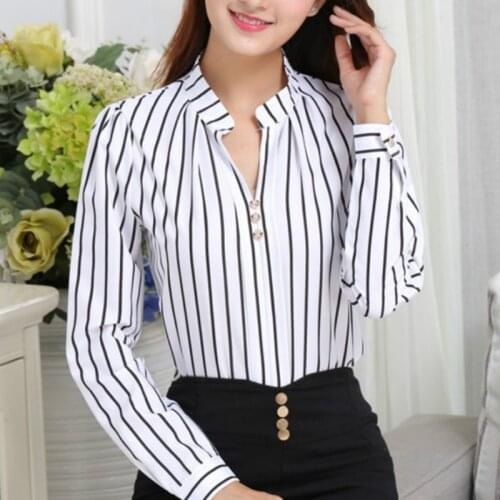 Clearance Autumn Blouses White Long-sleeved Striped Shirts Womens Spring Autumn New Korean Chiffon Tops Bottoming Shirt Blusas