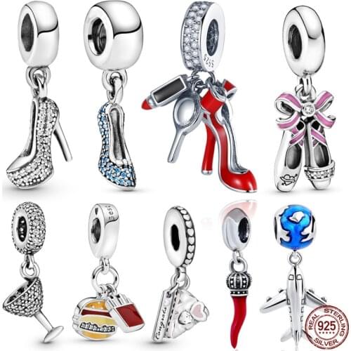 925 Sterling Silver Blue Elegant White Zircon High Heels Charm Fit Original 3mm Bracelet&Bangle Making Fashion DIY Jewelry