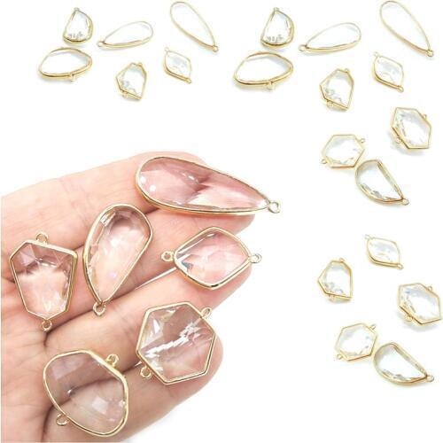 16pc Charms for earring Clear Faceted Crystal, glass pendant with Gold Plated Brass Bezel, Crystal Glass