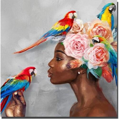 Portrait Art Oil Painting Woman And Parrots Handmade Canvas Modern American Black Female Beautiful Artwork For Room Wall Decor