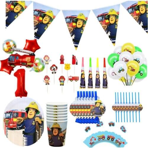 Fireman Sam Birthday Party Decorations Banner Fire Engine Fighter Theme Paper Cups Plates Favors Baby Shower party supplies