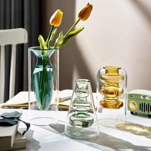 Nordic Glass Vase Home Desk Decoration Crystal Vase Double-Layer Stained Hydroponic Flower Vase Terrarium Living Room Decoration