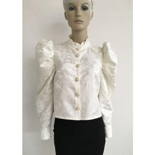 Womens Embroidery Blouse Long Puff Sleeve Stand collar Coat Spring Elegant Fashion Ladies OL Style