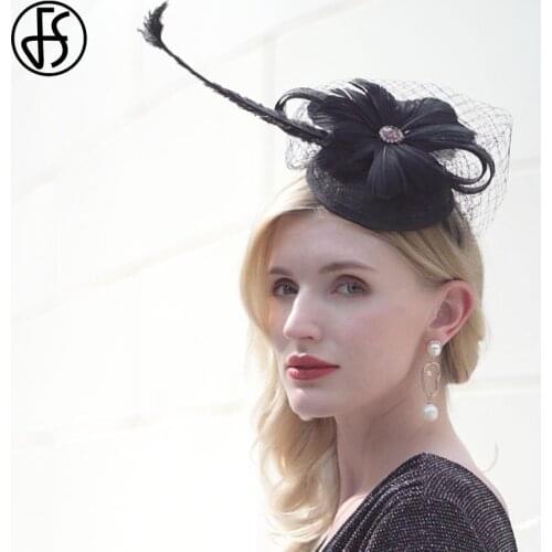 FS Womens Hat Sinamay British Black Veil Fascinator Pillbox Hats Cocktail Wedding Party Church Headwear Feather Hair Accessories
