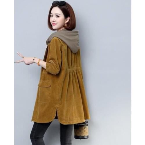 Plus size Corduroy Jacket Womens Hooded Spring Autumn New Loose Windbreaker Coat Stitching Hooded Lining Long Outerwear Female