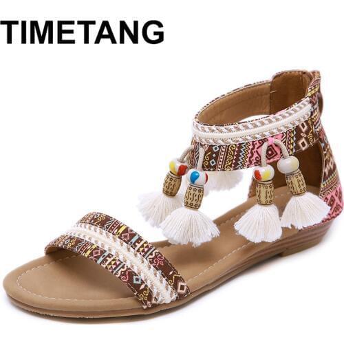TIMETANGWomen Bohemian Boho Sandals Ethnic Totem Fringe Tassel String Bead Ethnic Sandals Wedge Heel Casual Flat Shoes Plus Size