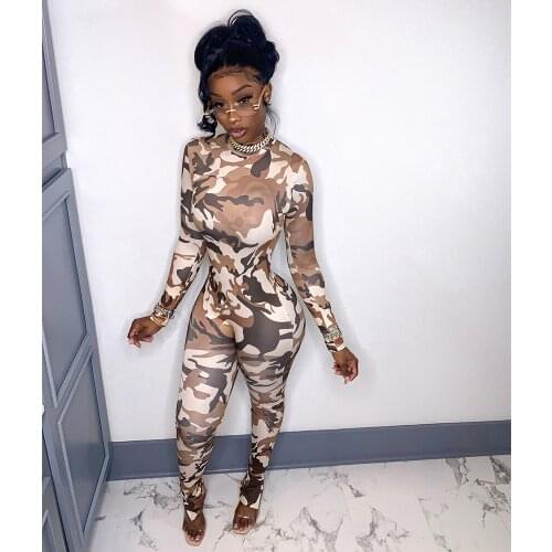 2021 New Arrival Fashion Design Jumpsuits Camouflage O-Neck Long Sleeve Autumn Sexy Bodycon Rompers