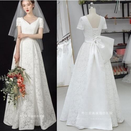 A-Line Floor Length V-Neck Lace Bow Back Wedding Dress 2021 Elegant Short Sleeve Bridal Gowns vestidos de mairee Wedding