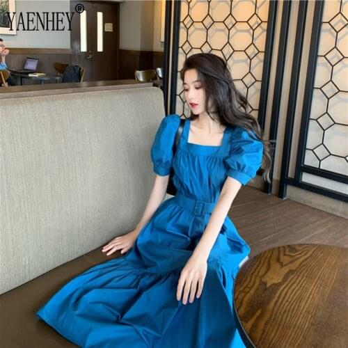 Summer Figure Cute Long Dress Retro Square Collar Puffy Sleeves Over The Knee Long Femininity goth dress
