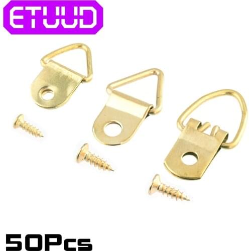50PCS Small Golden Triangle D-Ring Hanging Picture oil Painting Mirror Frame Hooks Hangers With Screws Wholesale