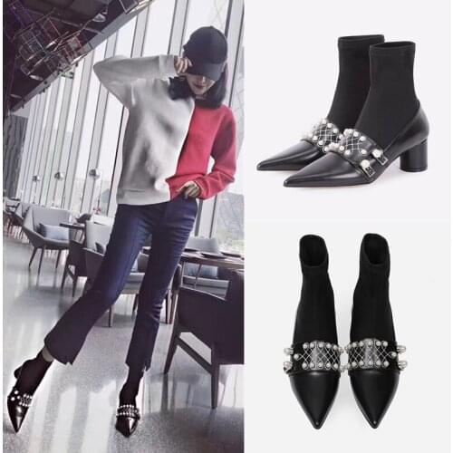 Pearls boots slim sock boots genuine cowhide leather Chelsea boots pearls buckle pointed toe med thick heels shoes sock boots