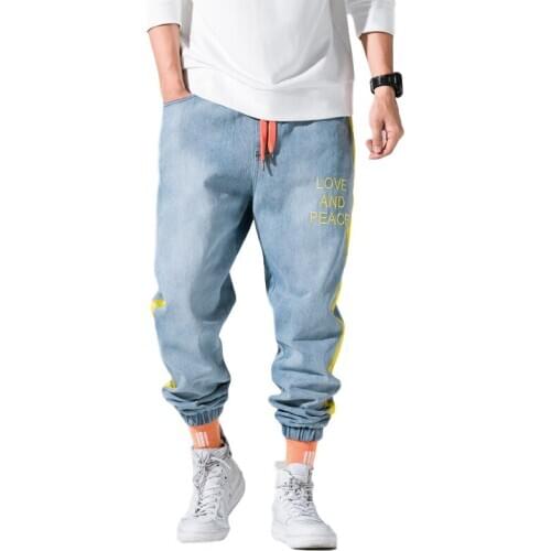 Jeans for Men New Drawstring Pencil Pants Vintage Full Length Loose Fashion Letter Printing Cowboy Trousers Male Clothing