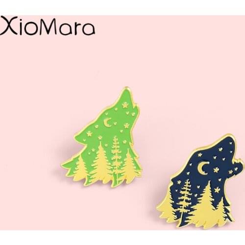 Jungle Wolf Enamel Pins Night Howling Wolf Brooches Badges Clothes Bag Animal Pins Jewelry Gift for Friends