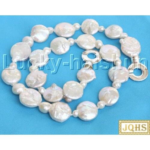 JQHS Luster 17.5" 15mm Baroque coin fastener white Pearl Necklace 925 silver clasp j13171