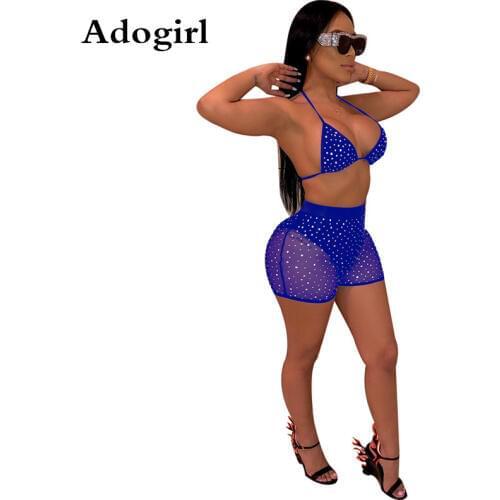 Sheer Mesh Hot Drilling Rhinstones Two Piece Set Women Sexy Tankini Halter Bra Top and Summer Shorts Swimming Pool Party Outfits