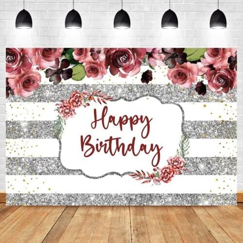 Laeacco Silver Stripe Backdrop For Photography Pink Flower Happy Birthday Party Decor Customized Poster Pattern Photo Background